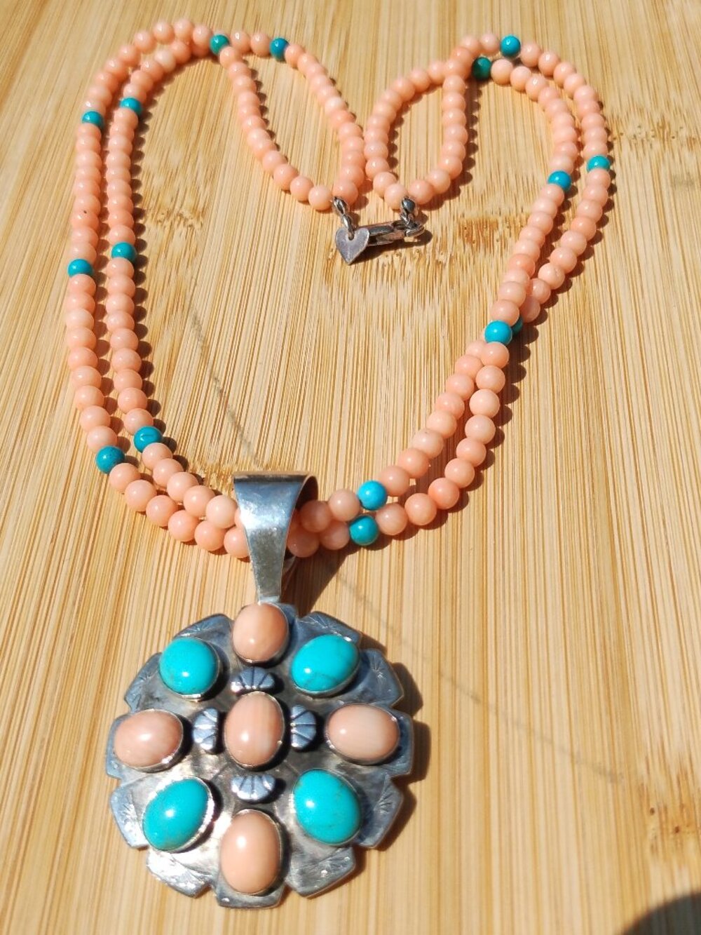 Jay King DTR Pink coral Turquoise 2 strand necklace pendant set 925 Sterling Sil
